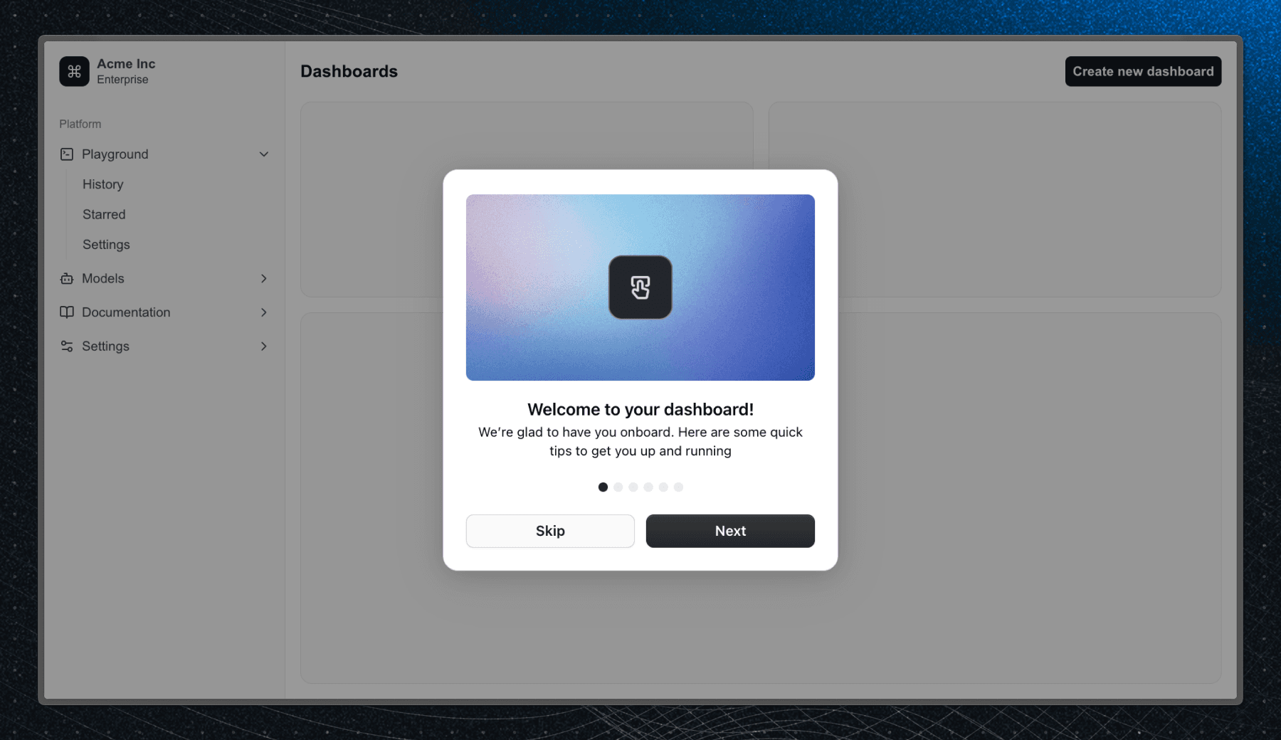An example of a product tour modal in an Angular application